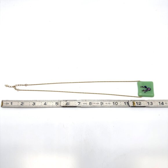 Art Glass Pendant 10K Gold Filled Necklace Green Square Fused Raised Abstract - Picture 7 of 7